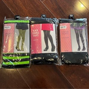 NEW 3 Pairs Girls Footed Tights Black Sparkle, Spider Web, Stripped (M/L)